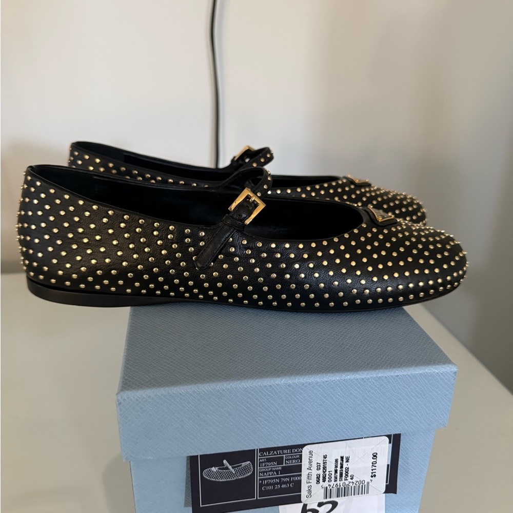Prada Black Studded Mary Jane Flats with Gold Accents - Picture 2 of 6